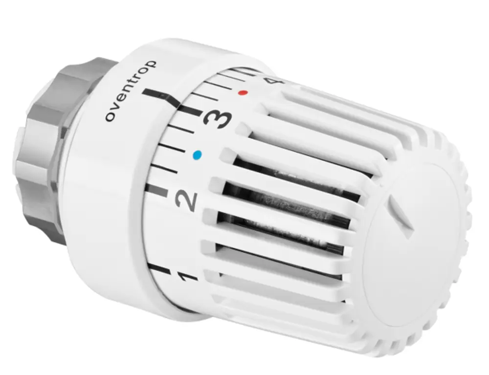 Thermostat von Oventrop mit Flüssigfühler und numerischer Skala zur Temperaturregelung. Weißes Gehäuse mit seitlicher Klemmverbindung.